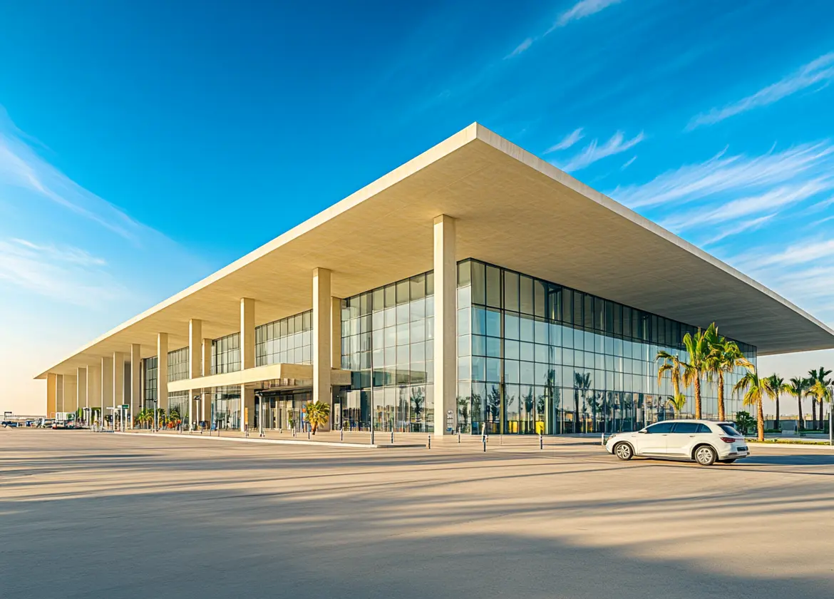 Car rental pickup at Fes Saiss Airport in Morocco with a car parked outside the terminal