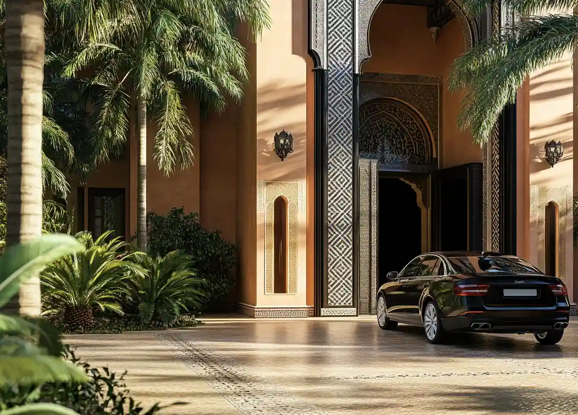 Car rental hotel delivery service in Fes Morocco with a rental car at a hotel entrance